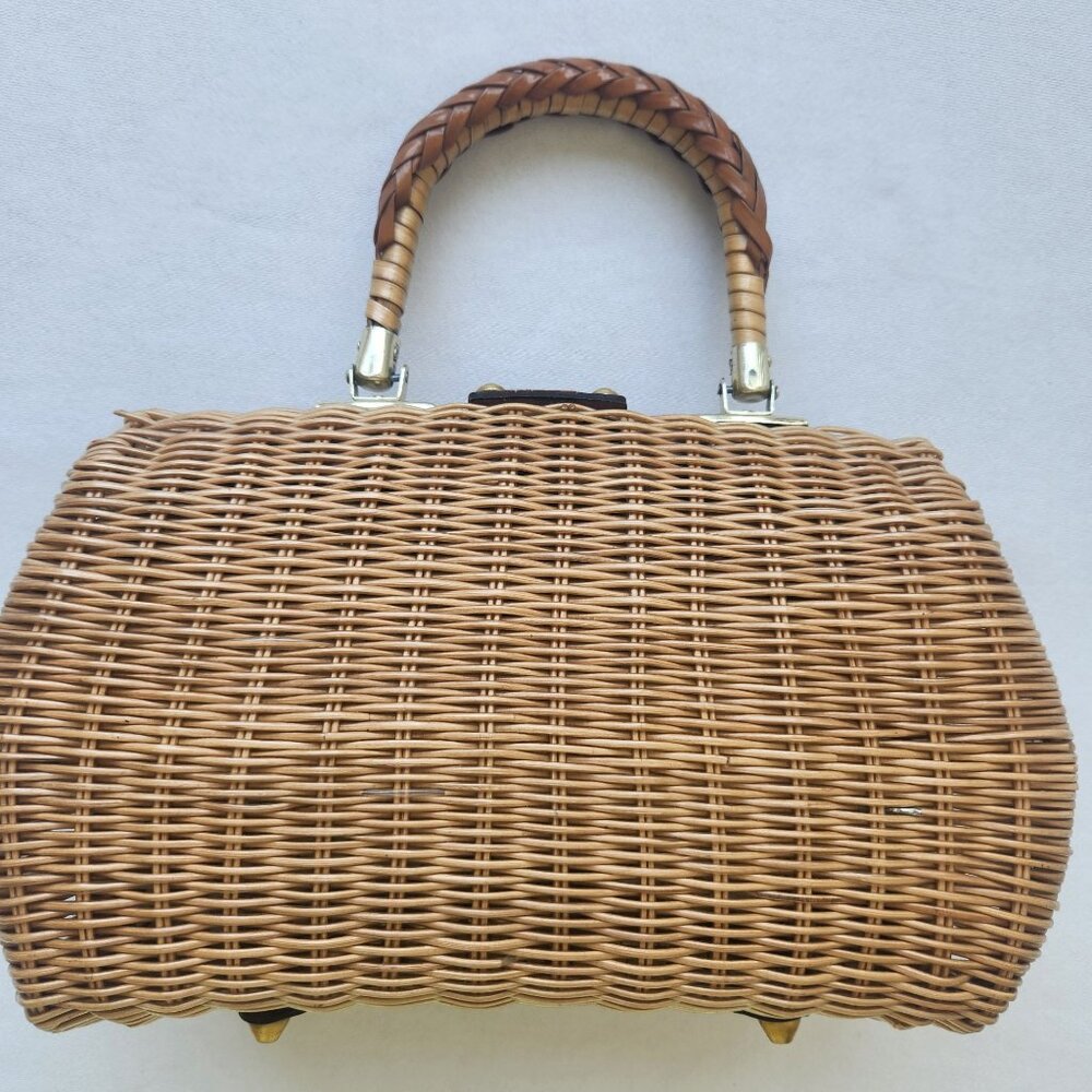 Vintage 1960's Woven Plastic Wicker Handbag Purse Leather Retro Cottagecore Cute - Picture 2 of 16